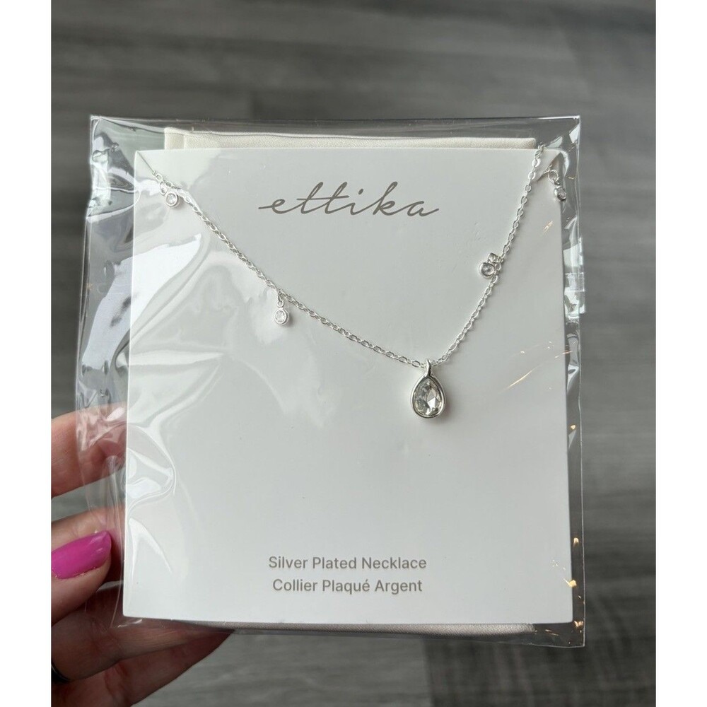 Ettika Dripping Crystals Drop Necklace Silver Plated Dainty Teardrop NWT New